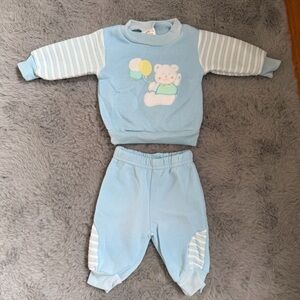 90s Vintage Sweat Suit Light Blue Teddy Bear Balloons Boys 3-6 Month Taiwan ROC